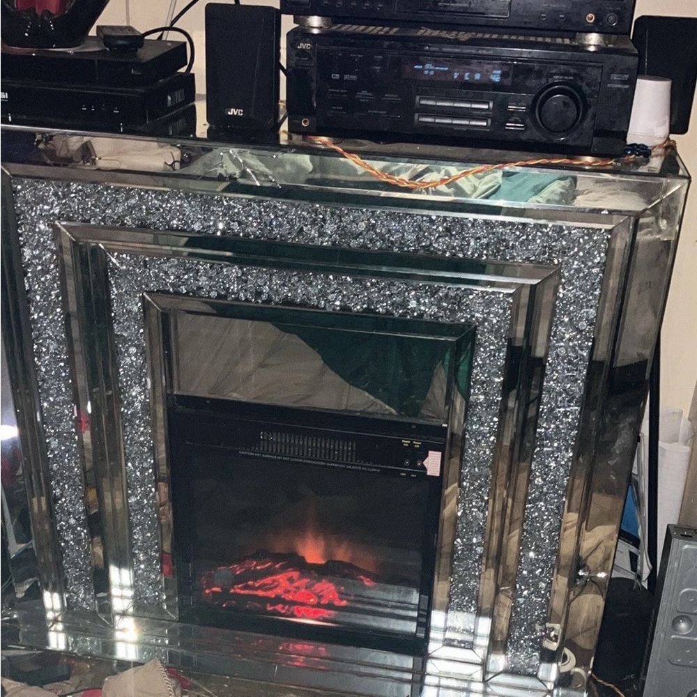 Mirrored Crystal Accent Electric Fireplace - Silver